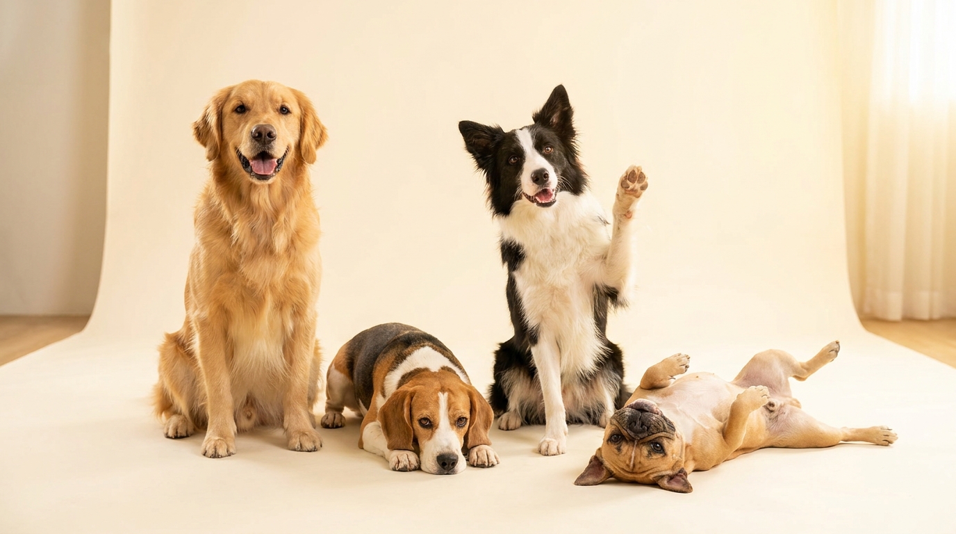 Cães aprendendo comandos com tutores felizes