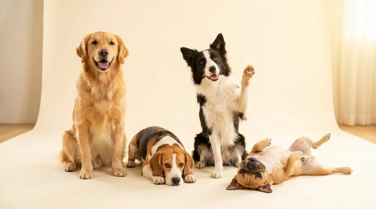 Cães aprendendo comandos com tutores felizes