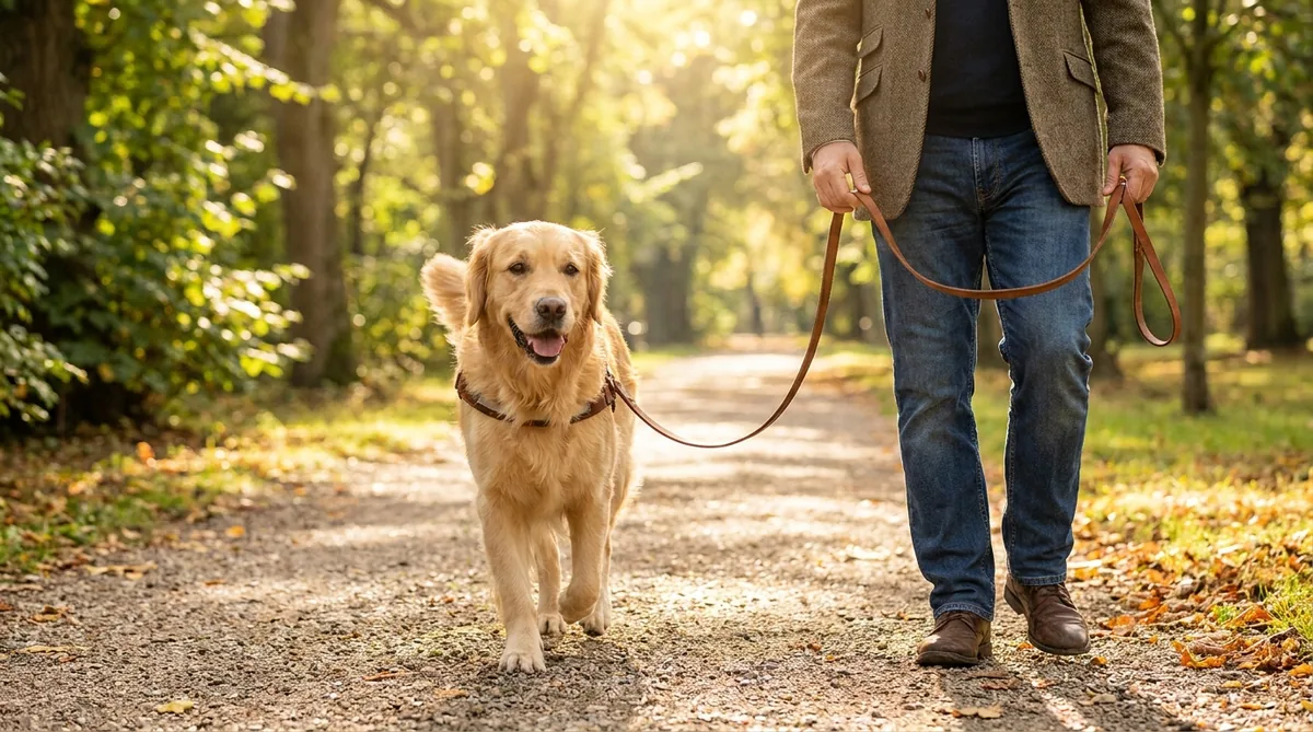Cão passeando tranquilo na guia